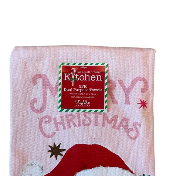 Set of 2  Pink Santa Christmas Kitchen Towels 18x28 Cotton Reto Holiday New - Picture 3 of 12